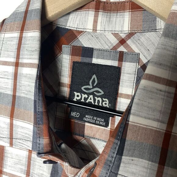 Prana Mens MEDIUM Rust Gray Plaid Short Sleeve Button Down Shirt - Picture 2 of 7